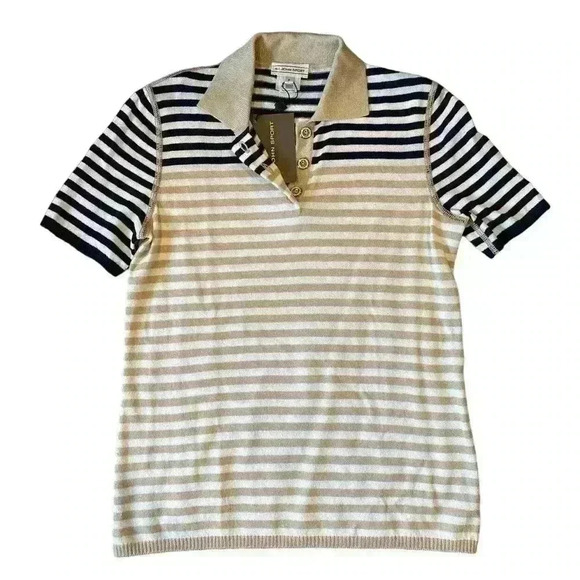 NWT ST JOHN SPORT SANTANA KNIT STRIPED SHORT SLEEVE COLLARED TAN/NAVY TOP SIZE P - Picture 1 of 6